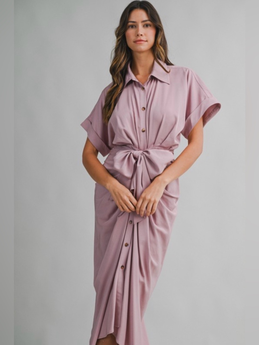 A705. Mable Tie-Front Midi Shirt Dress in Dusty Mauve - Picture 5 of 6